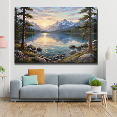 Tableau mural en verre trempé au coucher du soleil sur le lac alpin