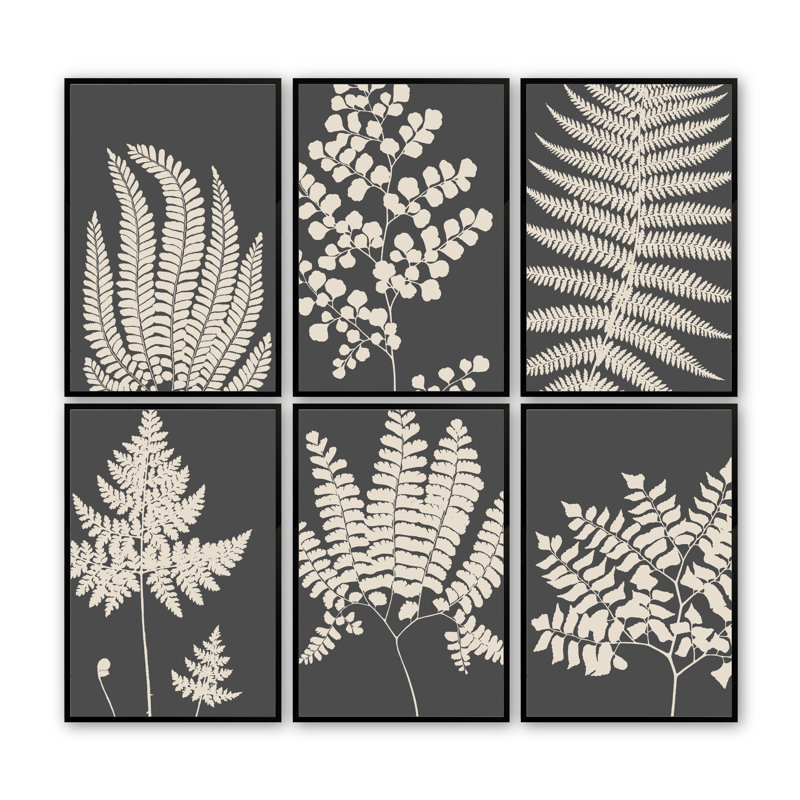«Botanic Harmony in Slate», ensemble de 6 reproductions encadrées sur papier 6 pièces, 17.5" H x 13.5" W x 1" D, Noir satiné