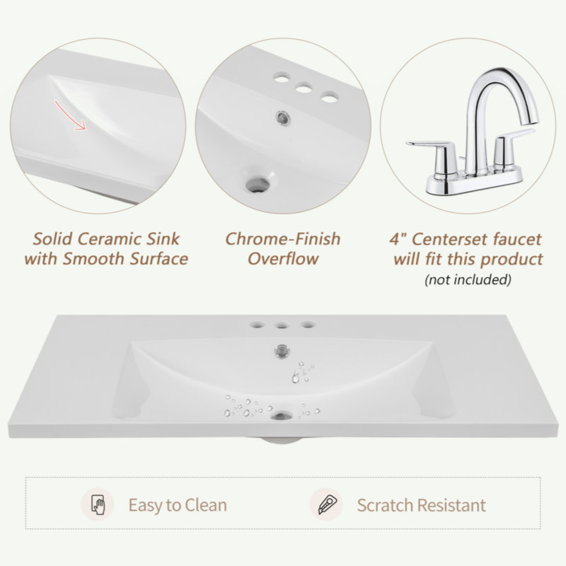 Meuble-lavabo 36 po avec lavabo, armoire de salle de bain avec tiroirs, structure solide et panneau de fibres à densité moyenne