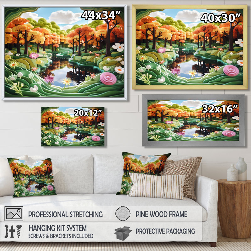 Oranges orange, ciel bleu, rivière de fleurs - fleurs, art mural, H 12 po x l 20 po x P 1 po, Toile avec cadre flottant noir