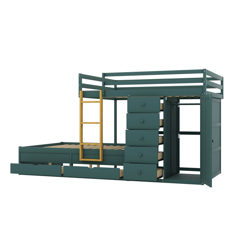 Full-Over-Twin & Twin Bunk Bed, Incorporating Storage Sections, Morandi Green
