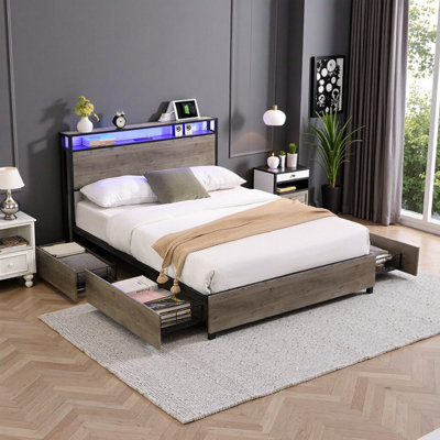 Cadre de lit double avec rangement gris antique avec tête de station de charge, lumières DEL intelligentes RVB et tiroirs silencieux - Assemblage facile, sans sommier