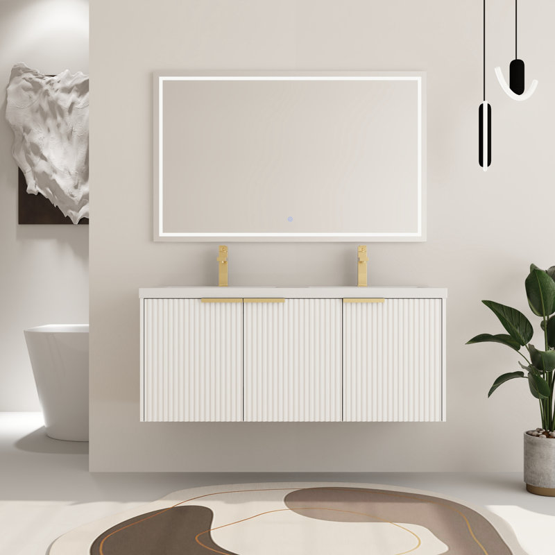 Ensemble de meuble-lavabo double 48 po avec plateau en résine Larchdale, Blanc / noir doré, 48"