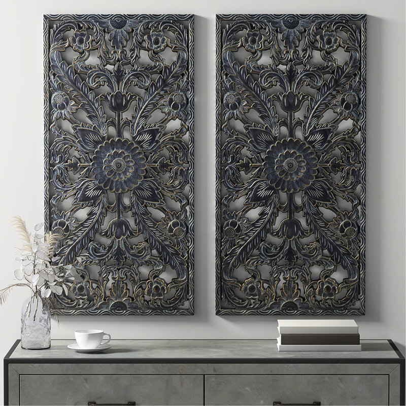 Décoration en bois délavé - 2 lotus bleu antique intérieur seulement décoration murale élégante
