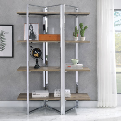Bibliothèque chromée à 4 tablettes, design élégant et fonctionnel pour l'organisation de livres et de décorations, maximise l'espace vertical et améliore l'esthétique de la pièce.