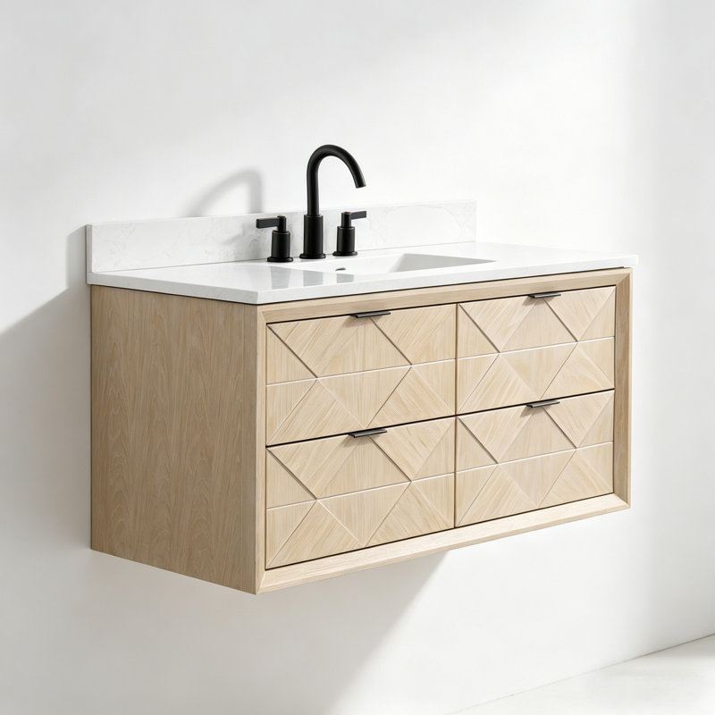 48" Floating Single Sink Solid Wood Natural Oak Bath Vanity with Engineered Marble Top, White Washed Oak