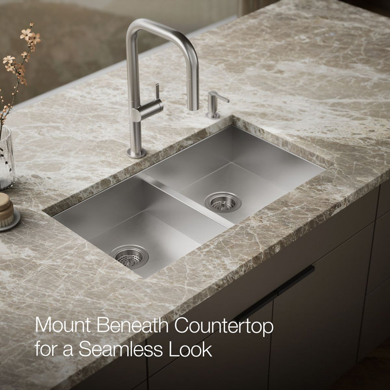 Vault 33" L x 22" W x 6-5/16" Double-Equal Dual-Mount Kitchen Sink with 4 Faucet Holes