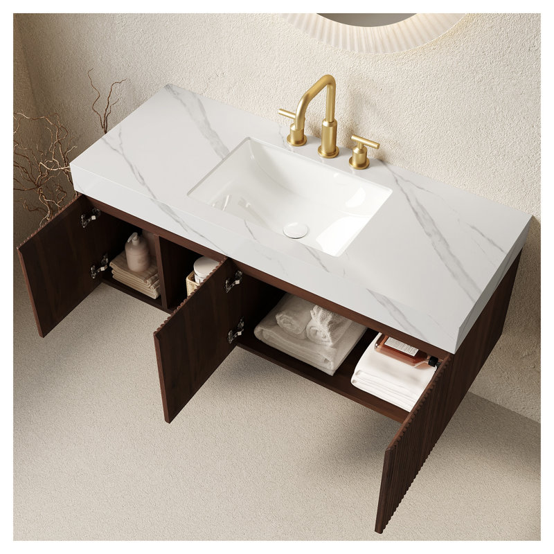Meuble-lavabo suspendu EIDEN 48 po avec comptoir en pierre frittée, lavabo en céramique et armoire en bois de noyer