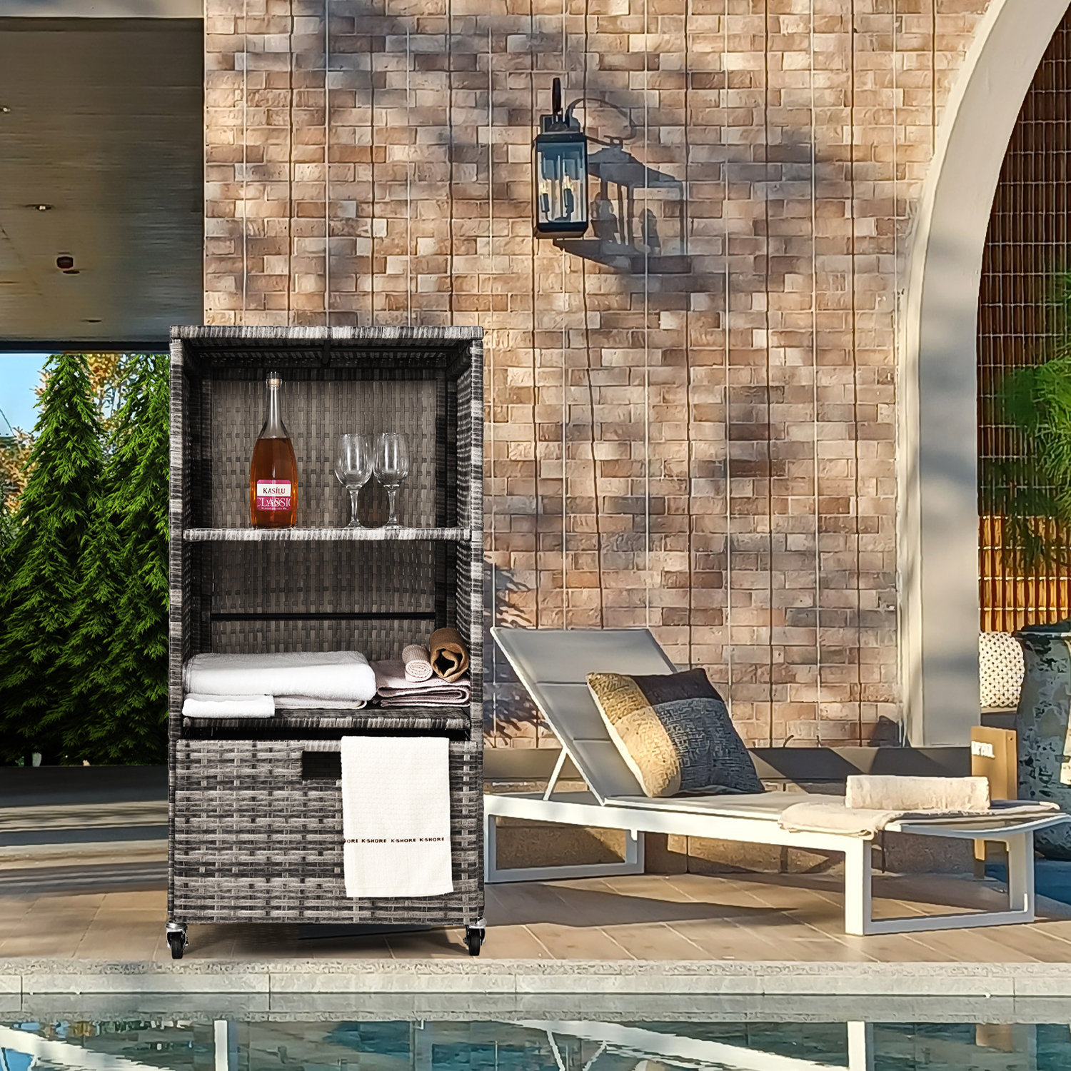 Outdoor Towel Rack For Pool Outdoor Pool Towel Storage Cabinet Shelf Drawer Pool Towel Valet Caddy Rolling Wheels Wicker Pool Towel Holder Cover Poolside