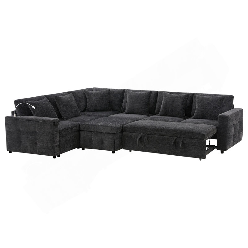 Canapé-lit modulaire coulissant 117 * 90 po avec panneau de table rabattable, lampe de lecture, ports de charge, repose-pieds de rangement, conception capitonnée, 6 coussins, combinaison surdimensionnée et libre, chenille, 2 couleurs