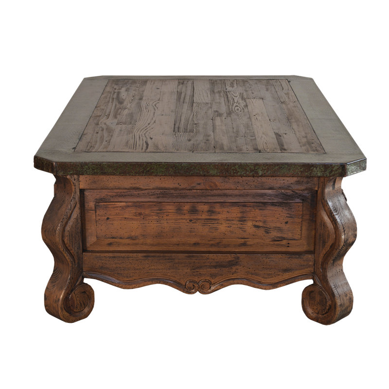 Table basse Valencia en cuivre vert-de-gris et bois vieilli avec tiroirs
