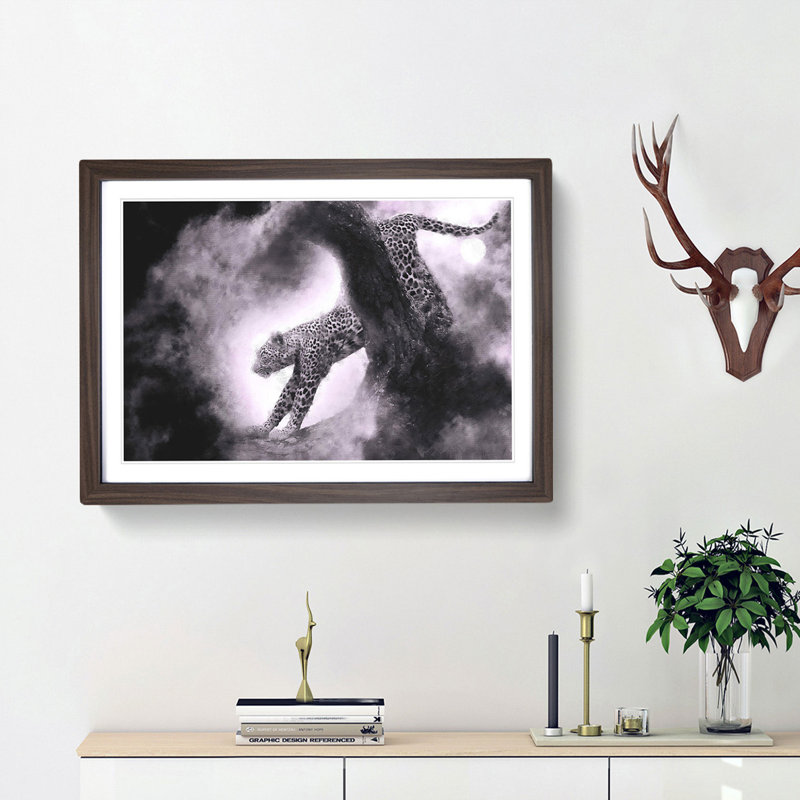 Leopard Climbing from a Tree - Picture Frame Graphic Art Print, Walnut Framed, 62cm H x 87cm W x 2cm D