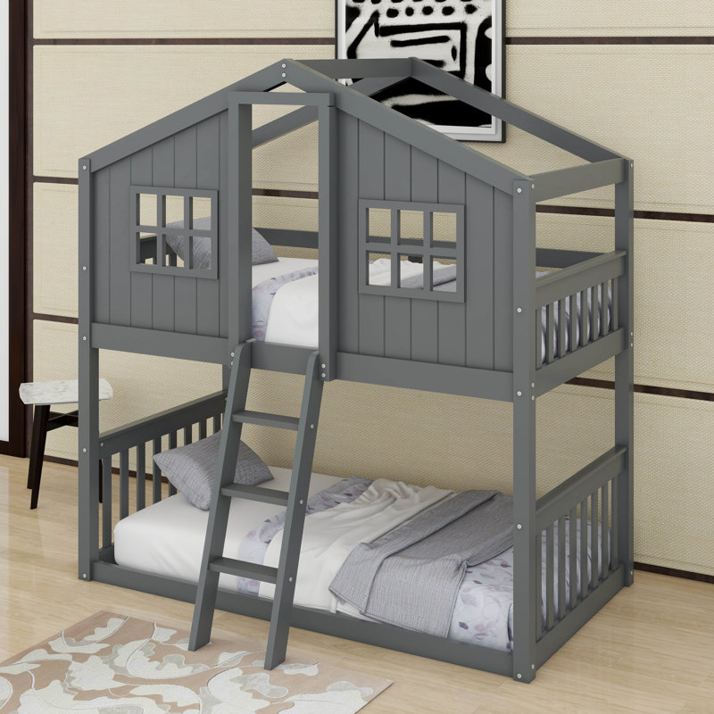 Twin Over Twin House Bunk Bed With Ladder, Gray