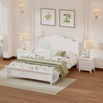 Ensemble de chambre à coucher 3 pièces, grand lit plateforme en bois et deux tables de chevet - blanc