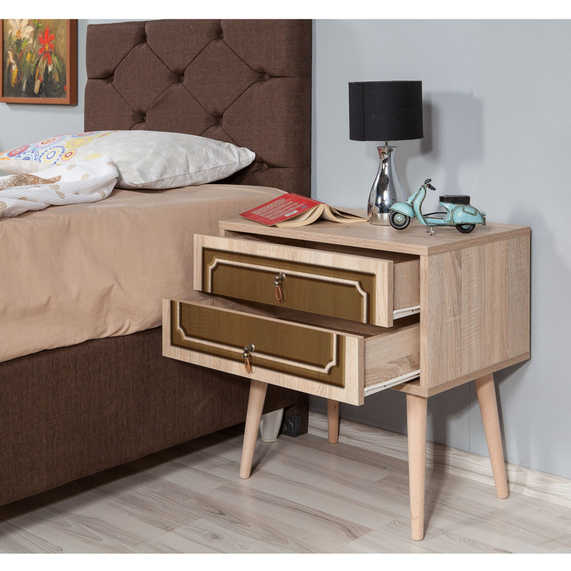 Modern Nightstand with 2 Drawers, Sonoma Oak Finish, 23.6 x 24.0 x 15.7 inches | 100% Melamine Coated Particle Board, 0.71 inches Thick | Hornbeam Legs, Metal & Rope Handles, UV Coating | Stylish Scandinavian Design