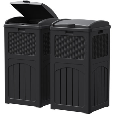 Devoko 32 Gallon Set of 2 Outdoor Plastic Trash Cans, Waterproof Manual Lift Trash Hideaway Container