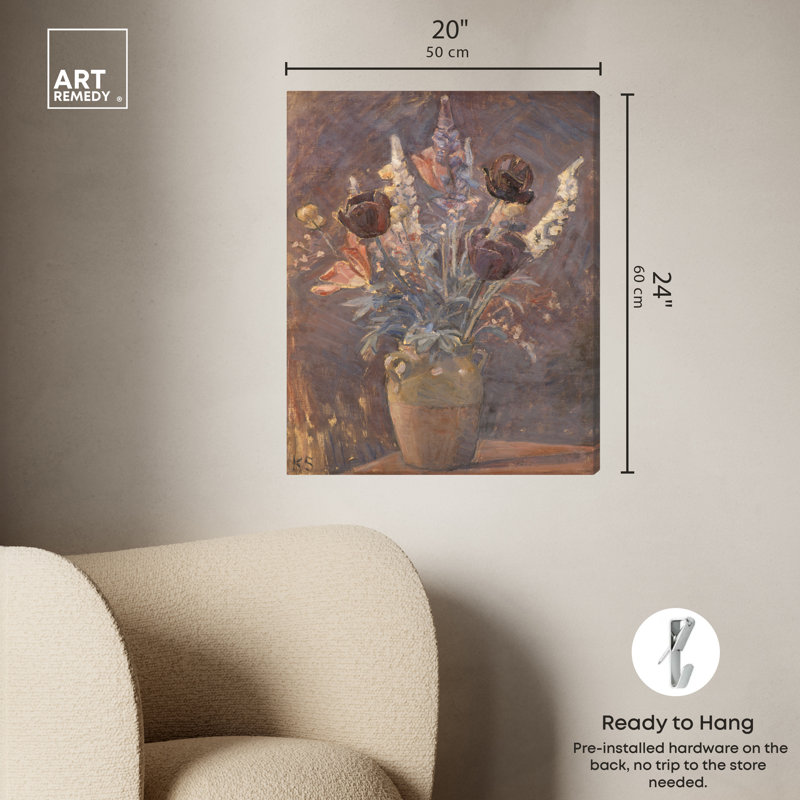 Art mural vase en argile avec tulipes et autres fleurs, Toile tendue, H 24 po x l 20 po