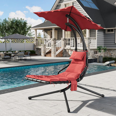 Chaise longue d'intérieur / d'extérieur, chaise longue de patio avec auvent amovible et coussin intégré, chaise hamac avec support, hamac de patio en acier courbé pour piscine, jardin, cour, rouge