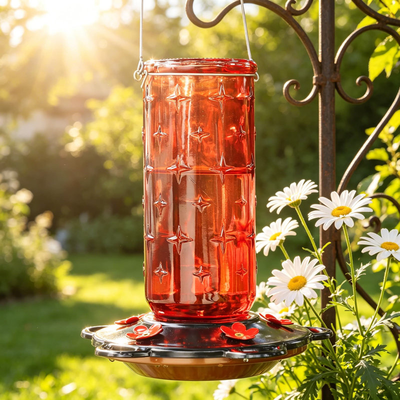 Mangeoire à colibri en verre 32 onces pour l'extérieur, mangeoire à oiseaux sauvage suspendue avec 5 ports à fleurs rouges et perchoirs, mangeoire à nectar de grande capacité pour le jardin, la cour, la décoration de patio, rouge