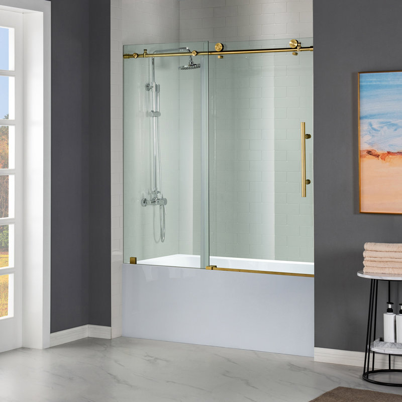 56"-60" W x 62" H Single Sliding Frameless Bathtub Door with 3/8"(10mm) Clear Tempered Glass, Brushed Gold