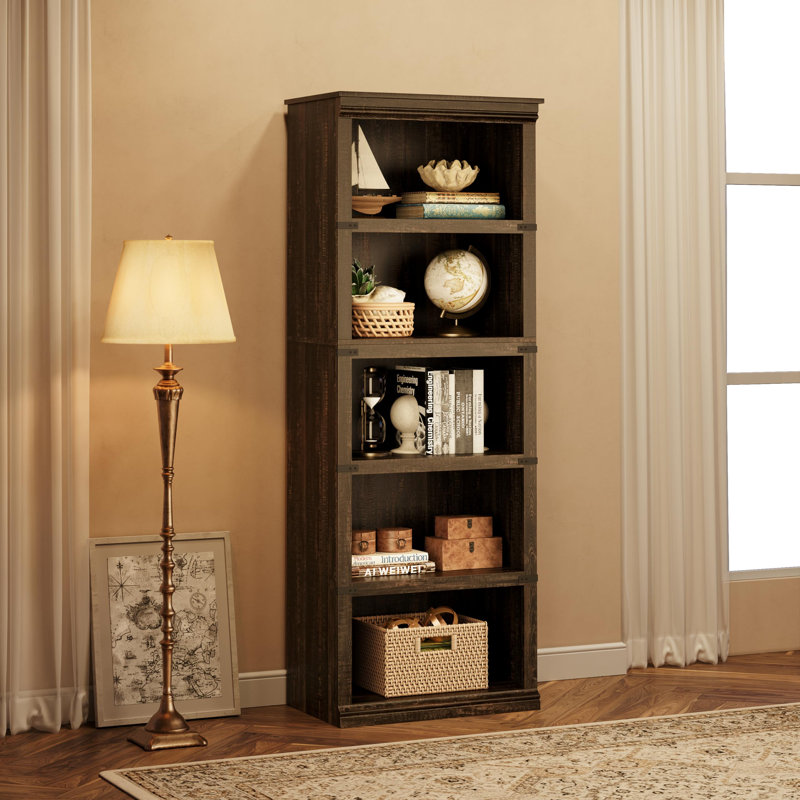 5 Tier Bookcase, Farmhouse Book Shelf with Storage, Tall Book Case Wooden 5 Shelf Bookcase, Dark Oak