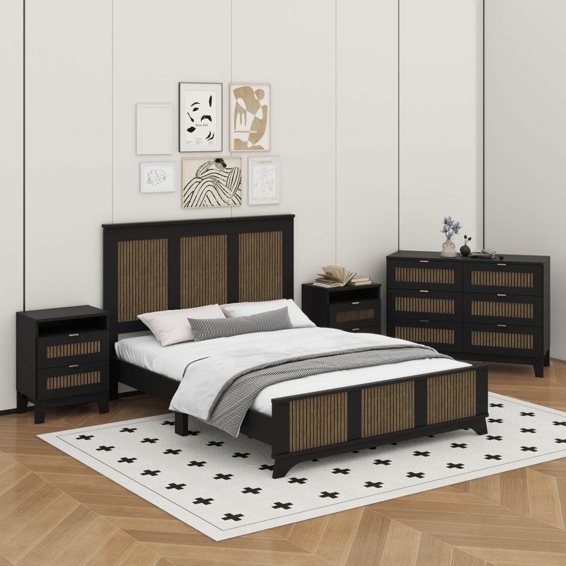 Grand lit plateforme campagnard avec bande en bois, Noir, noir, noir, noir