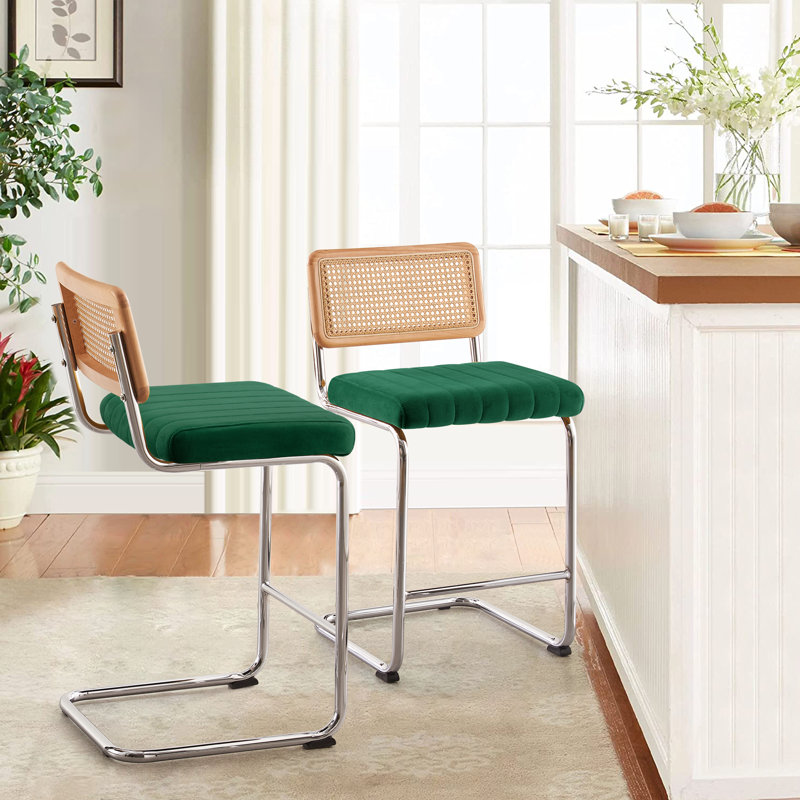 Tabouret rembourré en velours Krickelin, Tabouret de comptoir (siège d'une hauteur de 26 p, Argent, Vert foncé