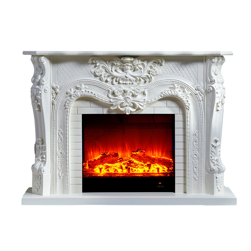 European-style carved solid wood decorative electric fireplace with simulated fire, White
