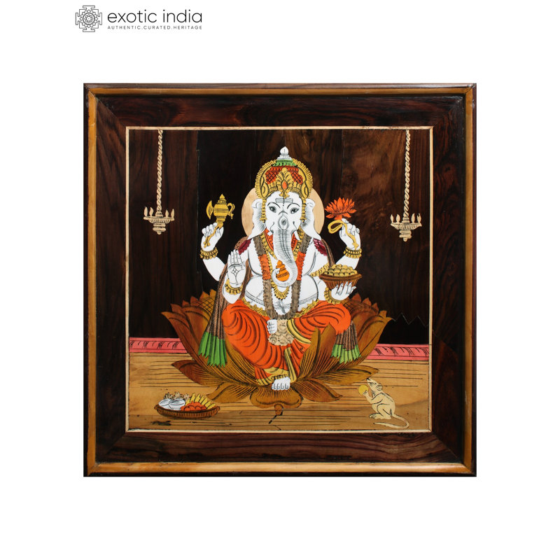 19 po Lord Ganesha avec Mushaka couleur naturelle sur panneau de bois avec incrustations - Art mural décoratif traditionnel indien spirituel