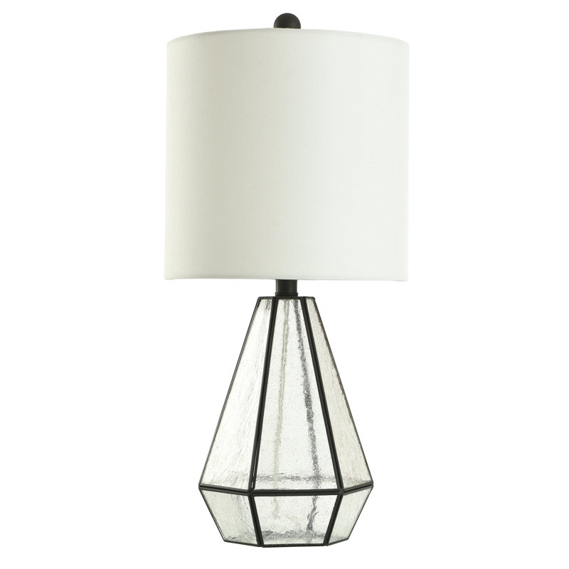 Aged Bronze Geometric Nightstand Lamp with White Barrel Shade