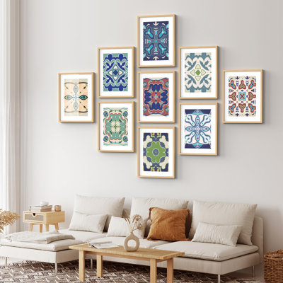 Framed Wall Art Collage Print Gallery Set, Vibrant Indian Mandala Patterns Abstract Shapes Illustrations Modern Art Minimal Bohemian Ultra for Living Room, Office, Bedroom - 12"x 16"x 9 Natural