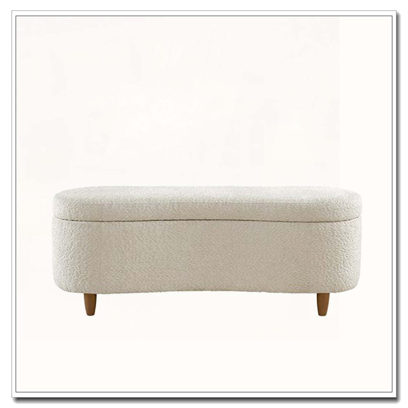 Banc de rangement à couvercle rabattable Boucle, pieds en bois massif, Crème