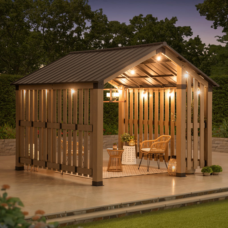 Sunjoy Hardtop Gazebo 11 x 11 ft. Outdoor Cedar Framed Wood Gazebo Privacy Screen Backyard Hot Tub Gazebo with with Ceiling Hook