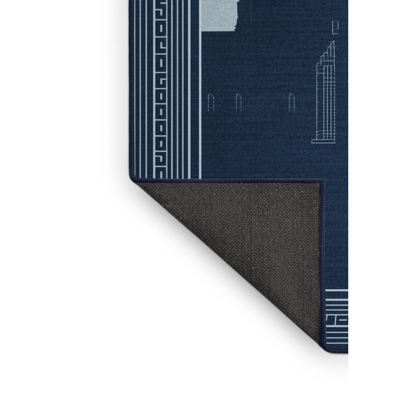 Soft Plush Beecher Angkor Wat Cambodia Global Inspired Block Print Area Rug in Gray – Navy Binding, 5x8