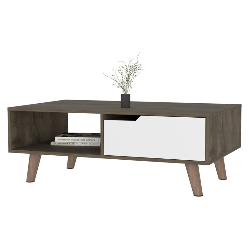Table basse 40 po en bois naturel et brun foncé et blanc avec tablette