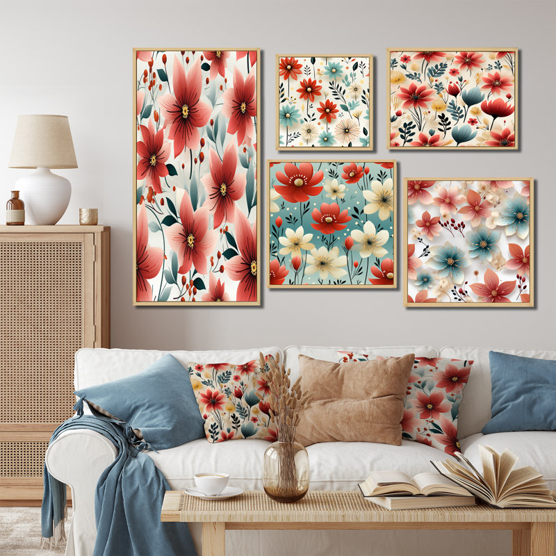 Adelle - Ensemble de 5 impressions murales florales, Cadre flottant brun