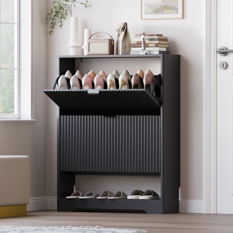Wavy 2-Door Shoe Cabinet with Shelf, Fluted Mid-Century Modern Storage Organizer for Space-Saving Entryway & Hallway, Black