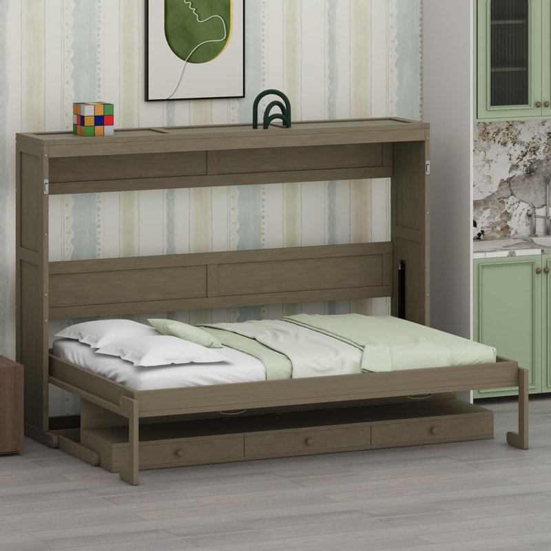Lit escamotable avec rangement, armoire-lit pliable avec coiffeuse, miroir central et 2 tiroirs latéraux, Gris