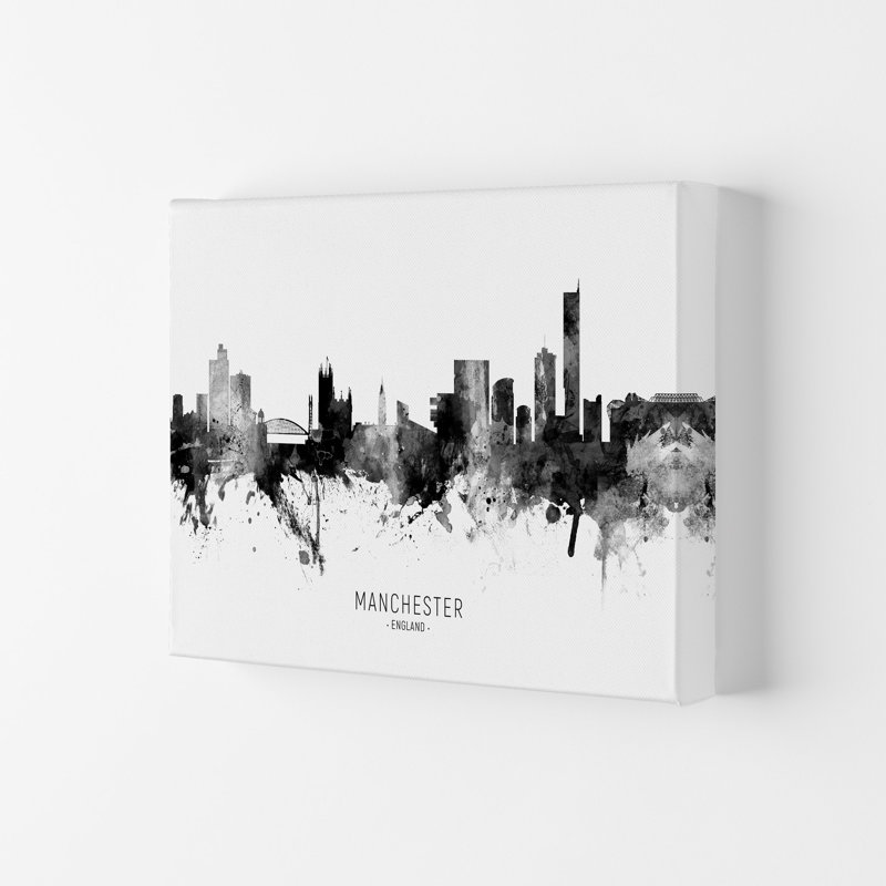 Manchester England Skyline Black White City Name by Michael Tompsett - Print, 29.7cm H x 42cm W x 4cm D, Wrapped Canvas