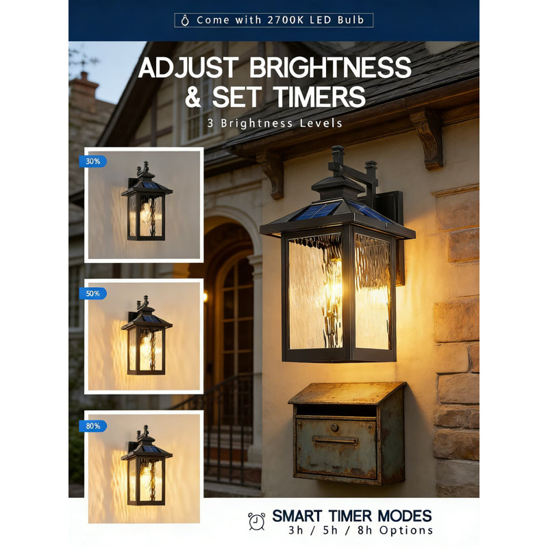 Modern Solar Outdoor Wall Light With Remote Control, Dimmable Brightness & Timer, Dusk-To-Dawn Sensor, Weather-Resistant Aluminum And Glass Design For Porch, Patio, And Entryway