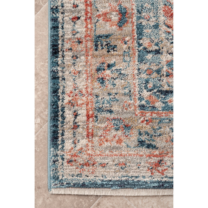 Mauna Oriental Medallion Loa Power Loom Performance Blue/Orange Rug, Rectangle 6'7" x 9'3"