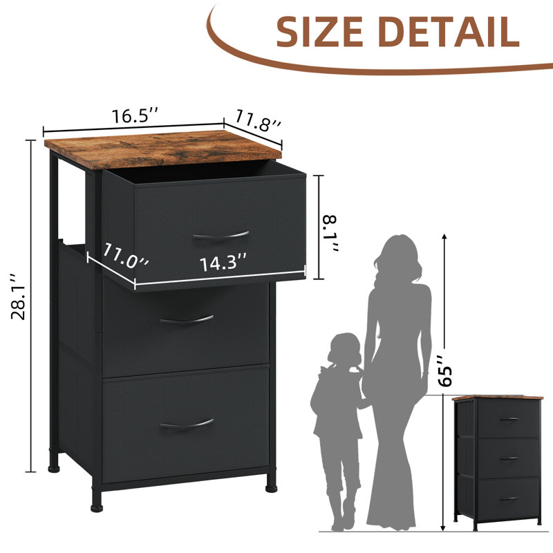  Commode pour la chambre à coucher avec 3 tiroirs, commode de rangement avec bacs en tissu amovibles pour le placard, le chevet, le vestibule, le couloir, le brun rustique noir