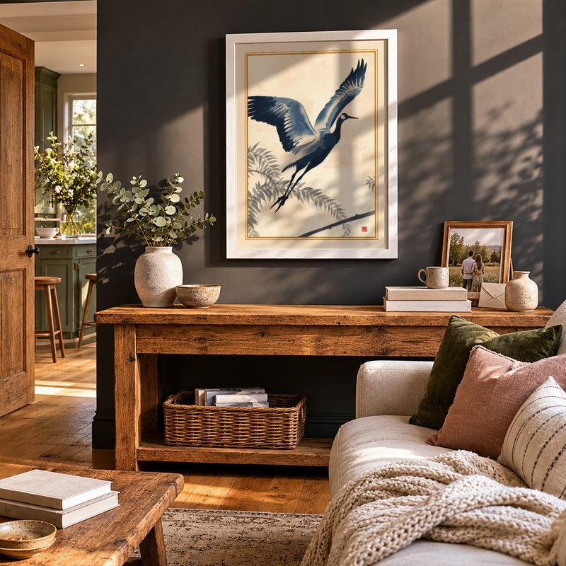 Heron in Flight Japandi - Framed Print, A1 - 84.1 x 59.4 cm, White
