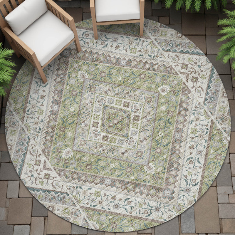 Machine Washable Indoor/Outdoor Husby ACN2195 Geometric Rug, Round 8'