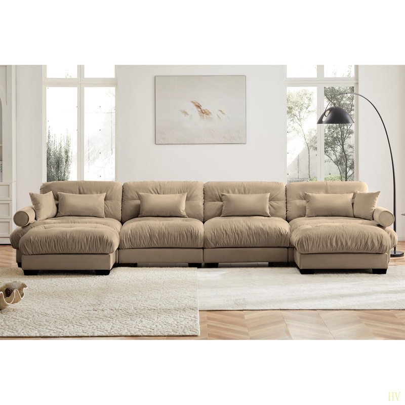 Canapé modulaire en U à 4 places avec 2 repose-pieds et coussins amovibles, Velours gris, 35" H x 166" W x 37" D