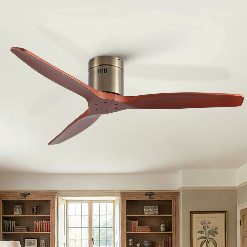 52 Inch American Mordern Cozy Vibrant Natural Style Solid Wood Low Profile Flush Ceiling Fan Without Light, Bronze, Brown