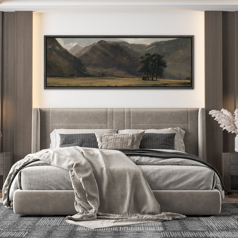 Tranquil Mountain Valley avec rivière, art moderne, H 20 po x l 60 po, Noir, noir, noir, noir