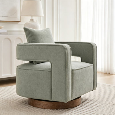 Fauteuil demi-tonneau pivotant avec revêtement en mélange de lin et base en bois massif