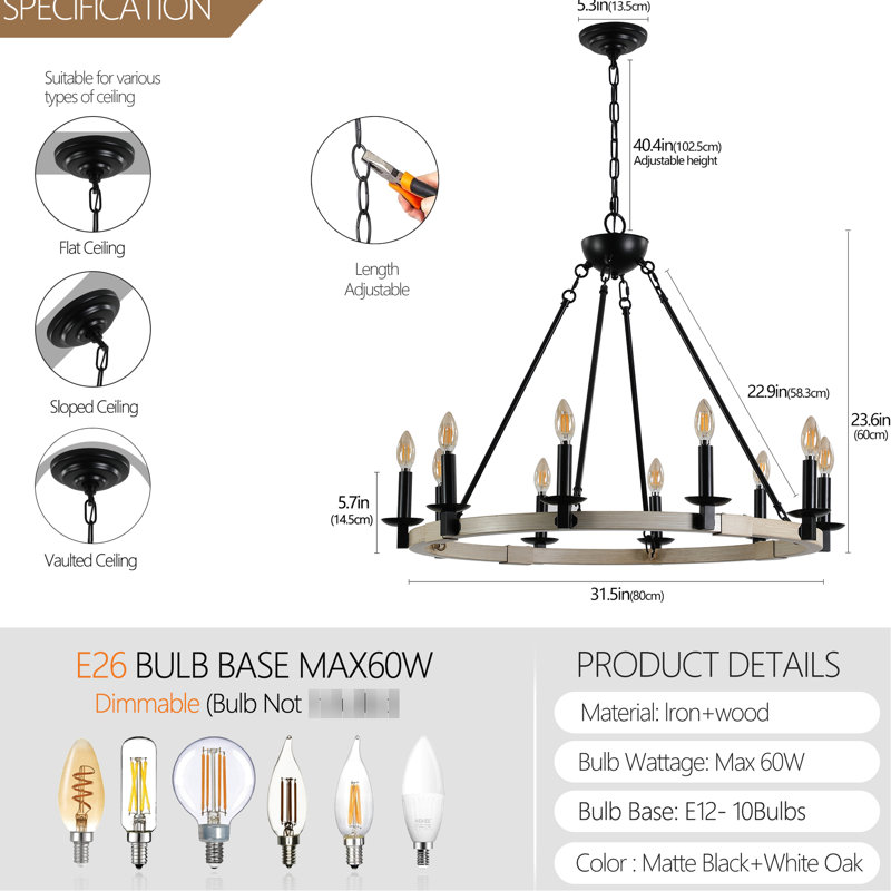Luminaire suspendu rétro en métal noir et bois à 10 lumières, hauteur réglable pour la salle à manger, la cuisine, les espaces de vie, culot d'ampoule E12 sans ampoules, chêne blanc mat clignotant rustique, salle à manger, vacillement