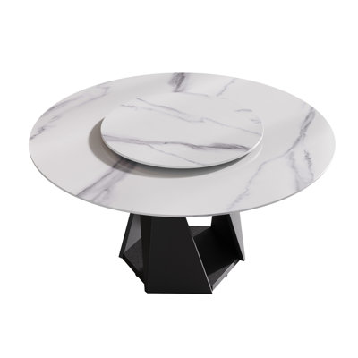 Table de salle à manger ronde de 57,5 po avec base en fer robuste, pouvant accueillir de 6 à 8 po, table tournante en pierre frittée blanche de 31,5 po, table de feu et moderne, sièges noirs de 6 à 8 po, faible perméabilité à l'eau, entretien facile